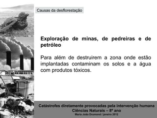 Causas da desflorestação




 Exploração de minas, de pedreiras e de
 petróleo

 Para além de destruirem a zona onde estão
 implantadas contaminam os solos e a água
 com produtos tóxicos.




Catástrofes diretamente provocadas pela intervenção humana
                  Ciências Naturais – 8º ano
                    Maria João Drumond / janeiro 2012
 