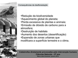 Consequências da desflorestação




  •Redução da biodiversidade
  •Aquecimento global do planeta;
  •Perda excessiva de plantas e animais;
  •Emissão de dióxido de carbono para a
  atmosfera;
  •Destruição de habitats
  •Aumento dos desertos (desertificação)
  •Expansão de zonas urbanas com
  modificação da superfície terrestre e do clima.



Catástrofes diretamente provocadas pela intervenção humana
                  Ciências Naturais – 8º ano
                   Maria João Drumond / janeiro 2012
 