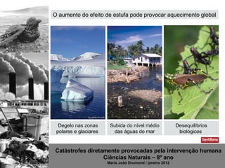 O aumento do efeito de estufa pode provocar aquecimento global




  Degelo nas zonas      Subida do nível médio              Desequilíbrios
 polares e glaciares      das águas do mar                  biológicos


Catástrofes diretamente provocadas pela intervenção humana
                  Ciências Naturais – 8º ano
                       Maria João Drumond / janeiro 2012
 
