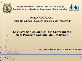 La Migración en México: Un Componente en el Proyecto Nacional de Desarrollo Dr. José César Lenin Navarro Chávez FORO REGIONAL  Hacia un Nuevo Proyecto Nacional de Desarrollo Y X Febrero de 2011 