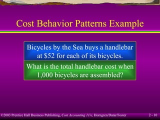 Cost Behavior Patterns Example Bicycles by the Sea buys a handlebar at $52 for each of its bicycles. What is the total handlebar cost when 1,000 bicycles are assembled? 