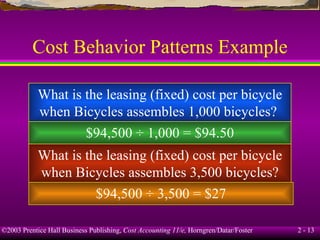 Cost Behavior Patterns Example What is the leasing (fixed) cost per bicycle when Bicycles assembles 1,000 bicycles?  $94,500 ÷ 1,000 = $94.50 What is the leasing (fixed) cost per bicycle when Bicycles assembles 3,500 bicycles? $94,500 ÷ 3,500 = $27 