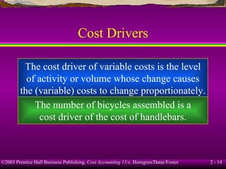 Cost Drivers The cost driver of variable costs is the level of activity or volume whose change causes the (variable) costs to change proportionately. The number of bicycles assembled is a cost driver of the cost of handlebars. 