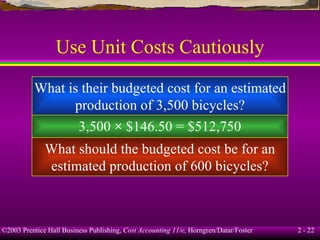 Use Unit Costs Cautiously What is their budgeted cost for an estimated production of 3,500 bicycles? 3,500  ×  $146.50 = $512,750 What should the budgeted cost be for an estimated production of 600 bicycles? 