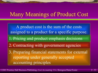 Many Meanings of Product Cost A product cost is the sum of the costs assigned to a product for a specific purpose. 1. Pricing and product emphasis decisions 2. Contracting with government agencies 3. Preparing financial statements for external reporting under generally accepted accounting principles 