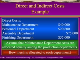 Direct and Indirect Costs Example Direct Costs: Maintenance Department $40,000 Personnel Department $20,600 Assembly Department $75,000 Finishing Department $55,000 Assume that Maintenance Department costs are allocated equally among the production departments. How much is allocated to each department? 