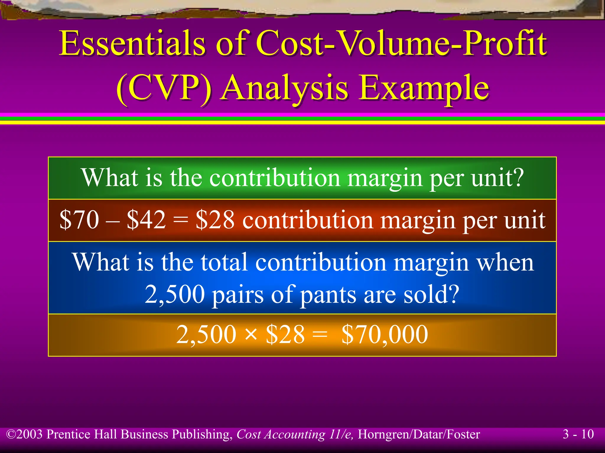 ©2003 Prentice Hall Business Publishing, Cost Accounting 11/e, Horngren/Datar/Foster 3 - 10
Essentials of Cost-Volume-Profit
(CVP) Analysis Example
What is the contribution margin per unit?
$70 – $42 = $28 contribution margin per unit
What is the total contribution margin when
2,500 pairs of pants are sold?
2,500 × $28 = $70,000
 