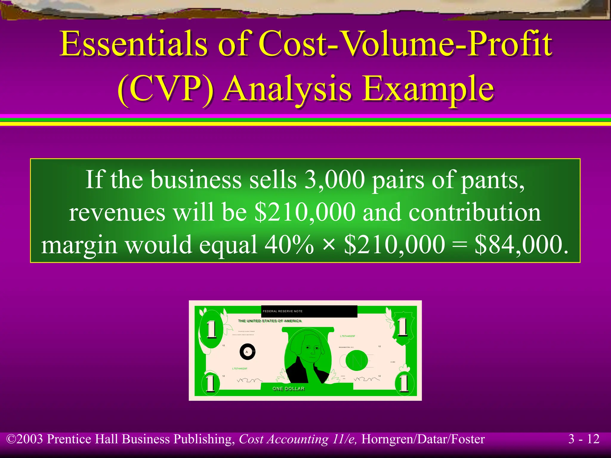 ©2003 Prentice Hall Business Publishing, Cost Accounting 11/e, Horngren/Datar/Foster 3 - 12
Essentials of Cost-Volume-Profit
(CVP) Analysis Example
If the business sells 3,000 pairs of pants,
revenues will be $210,000 and contribution
margin would equal 40% × $210,000 = $84,000.
A
FEDERAL RESERVE NOTE
THE UNITED STATES OF AMERICA
THE UNITED STATES OF AMERICA
L70744629F
12
12
12
12
L70744629F
ONE DOLLAR
ONE DOLLAR
W A SH IN G TO N, D .C.
TH I S N O TE IS L E G A L T E N D E R
F O R A L L D E B T S , P U B L I C A N D P R IV A T E
S E R I E S
1 9 8 5
H 293
 