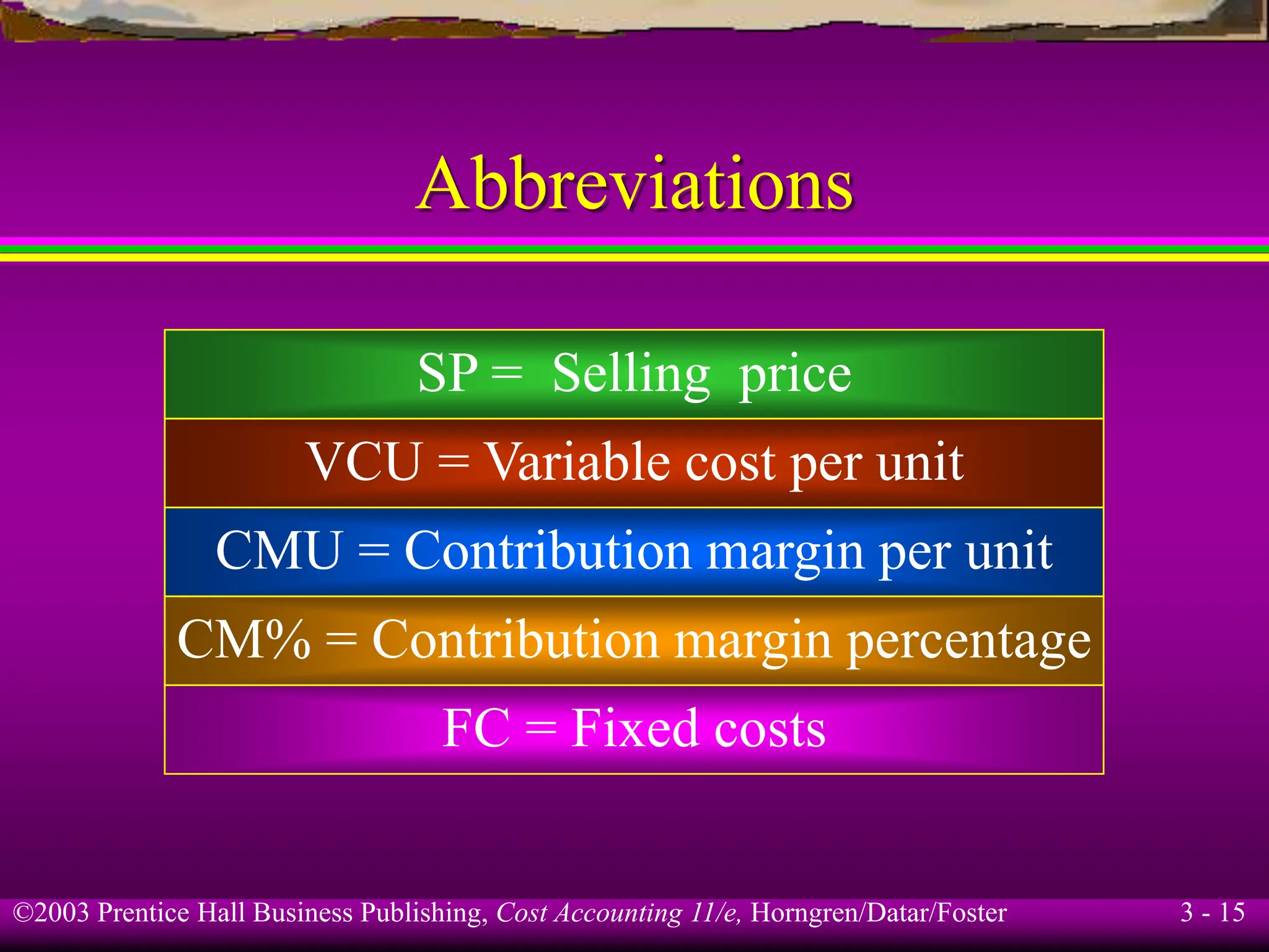 ©2003 Prentice Hall Business Publishing, Cost Accounting 11/e, Horngren/Datar/Foster 3 - 15
Abbreviations
SP = Selling price
VCU = Variable cost per unit
CMU = Contribution margin per unit
CM% = Contribution margin percentage
FC = Fixed costs
 