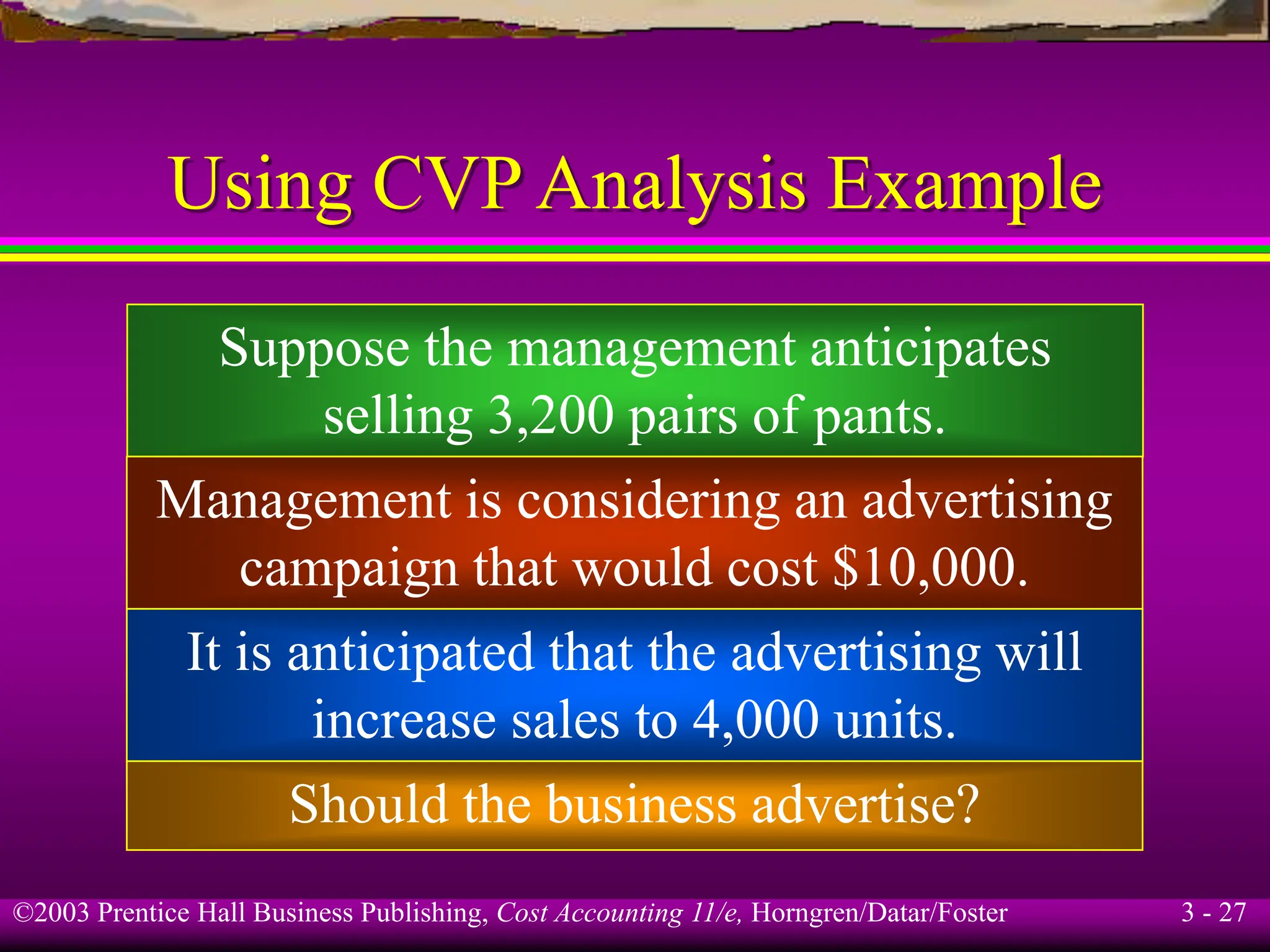 ©2003 Prentice Hall Business Publishing, Cost Accounting 11/e, Horngren/Datar/Foster 3 - 27
Using CVP Analysis Example
Suppose the management anticipates
selling 3,200 pairs of pants.
Management is considering an advertising
campaign that would cost $10,000.
It is anticipated that the advertising will
increase sales to 4,000 units.
Should the business advertise?
 