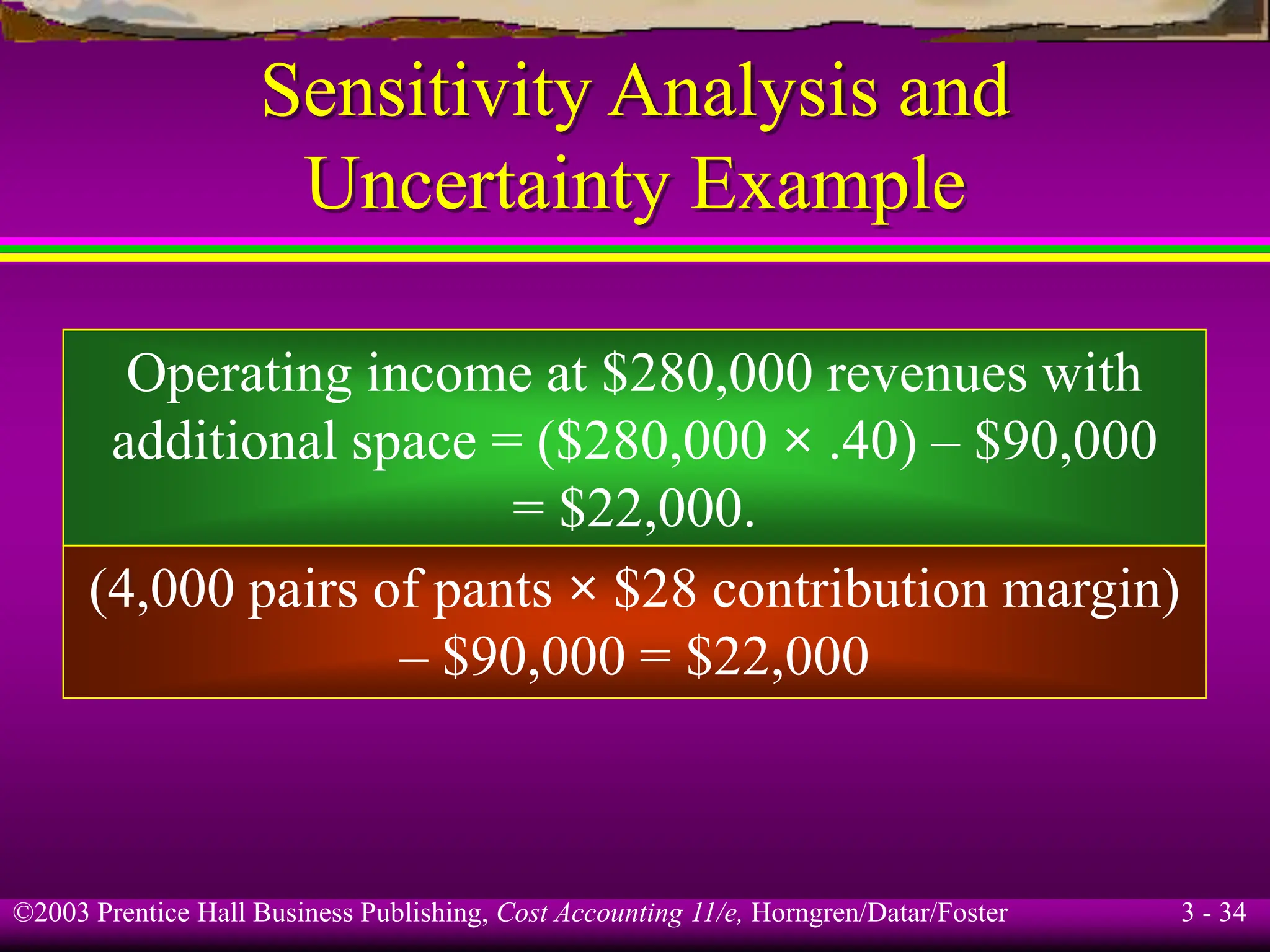 ©2003 Prentice Hall Business Publishing, Cost Accounting 11/e, Horngren/Datar/Foster 3 - 34
Sensitivity Analysis and
Uncertainty Example
Operating income at $280,000 revenues with
additional space = ($280,000 × .40) – $90,000
= $22,000.
(4,000 pairs of pants × $28 contribution margin)
– $90,000 = $22,000
 