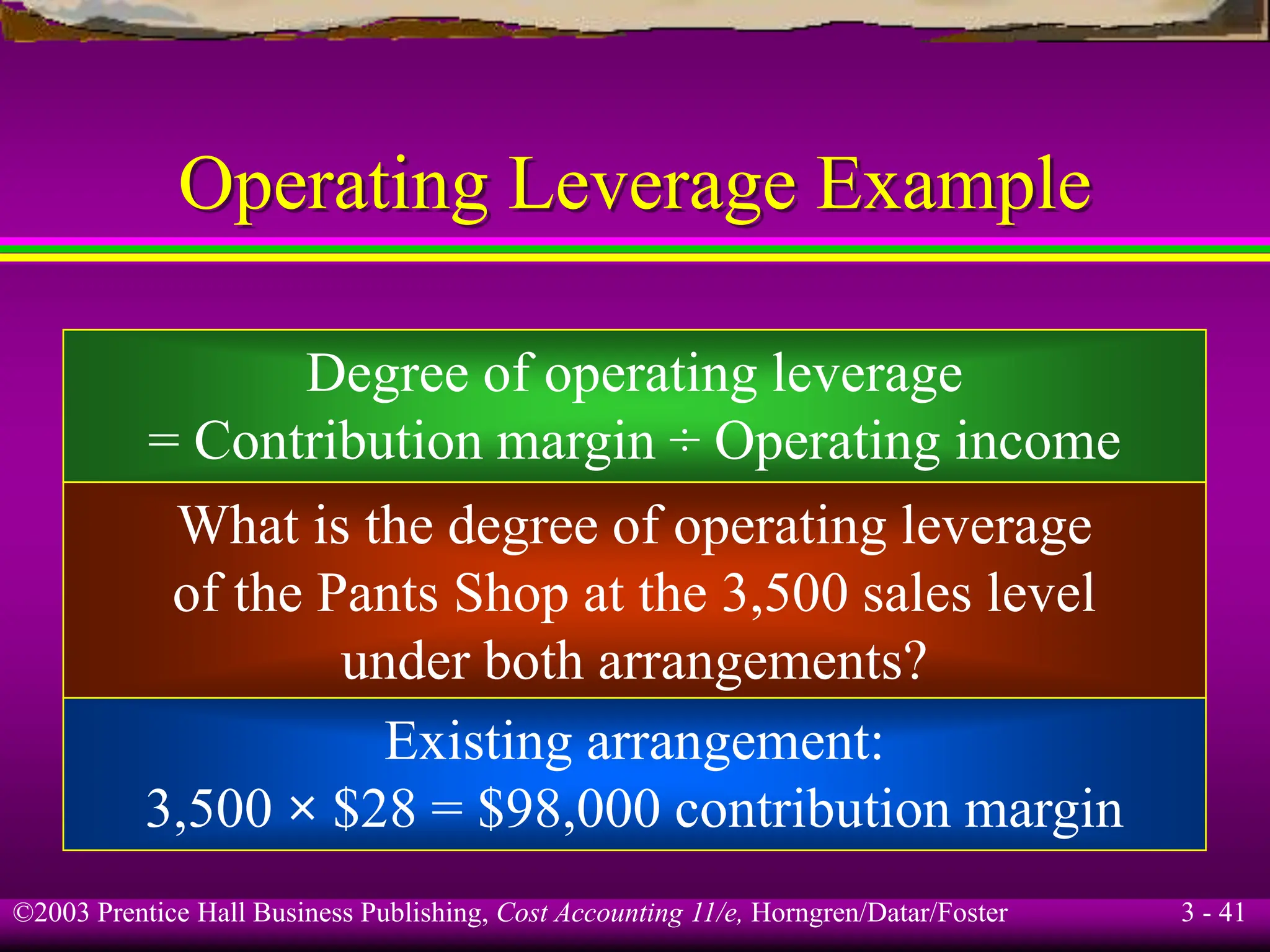 ©2003 Prentice Hall Business Publishing, Cost Accounting 11/e, Horngren/Datar/Foster 3 - 41
Operating Leverage Example
Degree of operating leverage
= Contribution margin ÷ Operating income
What is the degree of operating leverage
of the Pants Shop at the 3,500 sales level
under both arrangements?
Existing arrangement:
3,500 × $28 = $98,000 contribution margin
 
