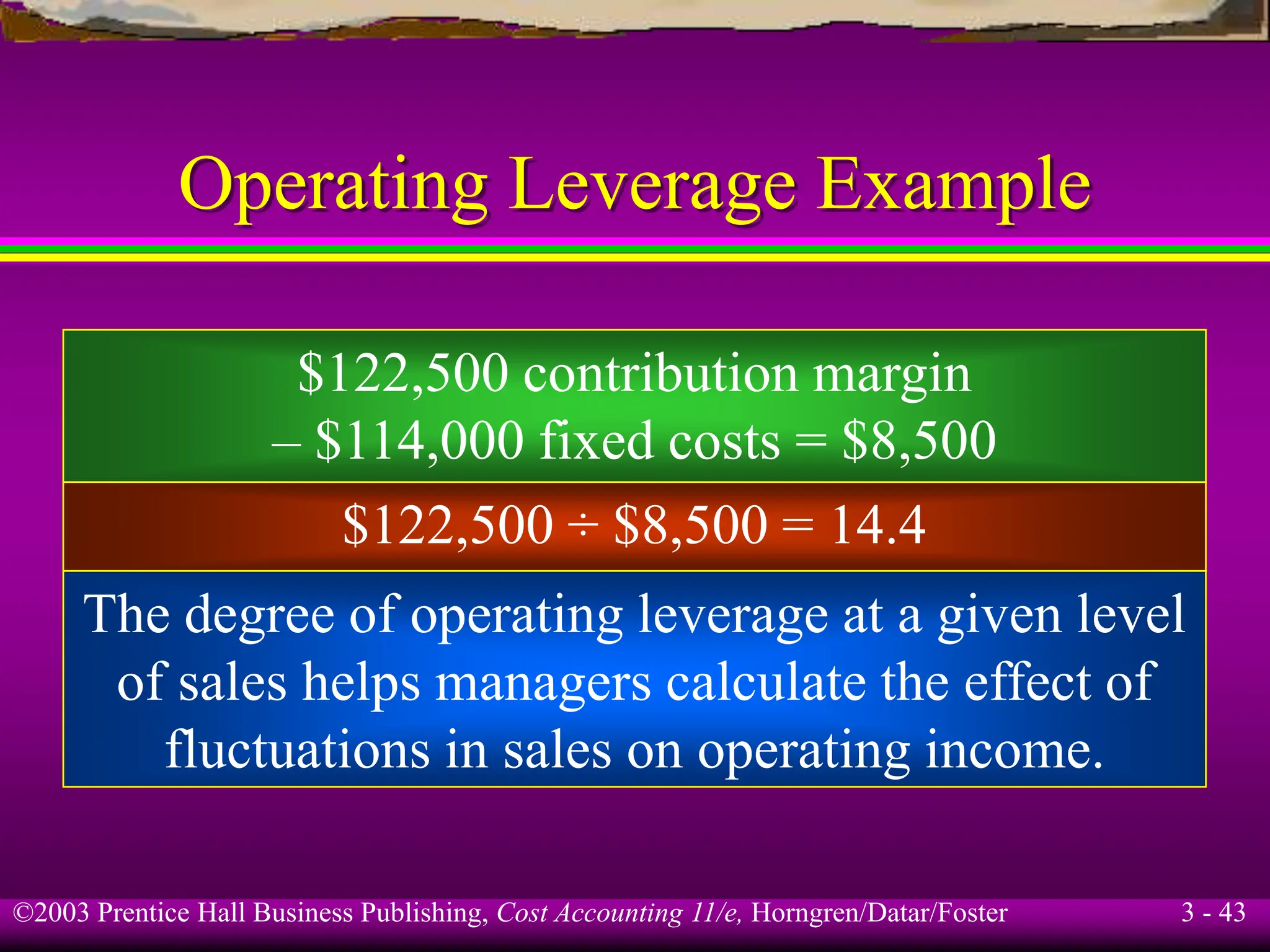 ©2003 Prentice Hall Business Publishing, Cost Accounting 11/e, Horngren/Datar/Foster 3 - 43
Operating Leverage Example
$122,500 contribution margin
– $114,000 fixed costs = $8,500
$122,500 ÷ $8,500 = 14.4
The degree of operating leverage at a given level
of sales helps managers calculate the effect of
fluctuations in sales on operating income.
 