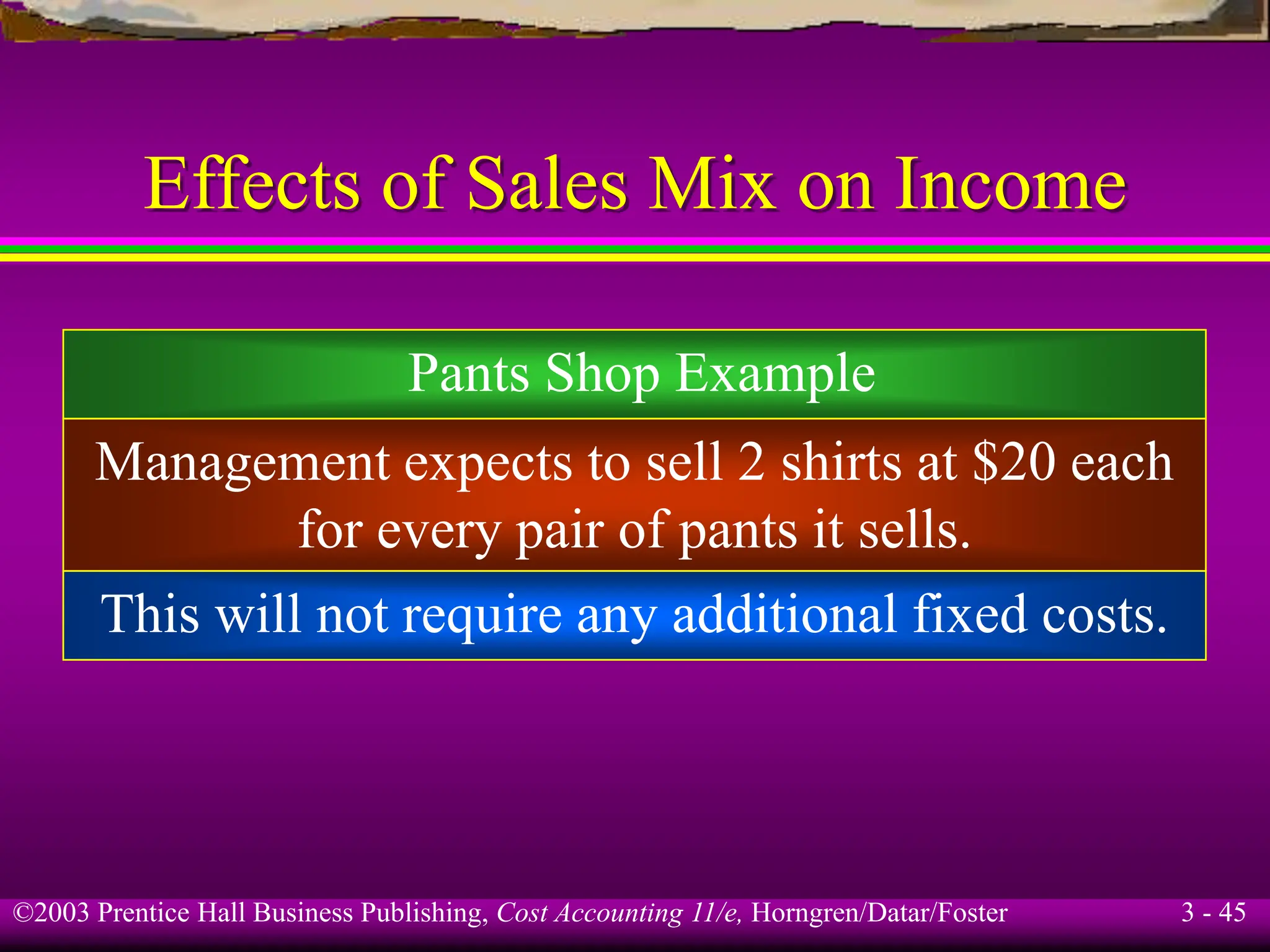 ©2003 Prentice Hall Business Publishing, Cost Accounting 11/e, Horngren/Datar/Foster 3 - 45
Effects of Sales Mix on Income
Pants Shop Example
Management expects to sell 2 shirts at $20 each
for every pair of pants it sells.
This will not require any additional fixed costs.
 