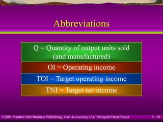 ©2003 Prentice Hall Business Publishing, Cost Accounting 11/e, Horngren/Datar/Foster 3 - 16
Abbreviations
Q = Quantity of output units sold
(and manufactured)
OI = Operating income
TOI = Target operating income
TNI = Target net income
 