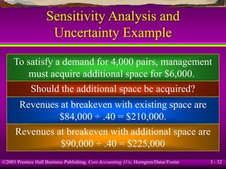 ©2003 Prentice Hall Business Publishing, Cost Accounting 11/e, Horngren/Datar/Foster 3 - 32
Sensitivity Analysis and
Uncertainty Example
To satisfy a demand for 4,000 pairs, management
must acquire additional space for $6,000.
Should the additional space be acquired?
Revenues at breakeven with existing space are
$84,000 ÷ .40 = $210,000.
Revenues at breakeven with additional space are
$90,000 ÷ .40 = $225,000
 
