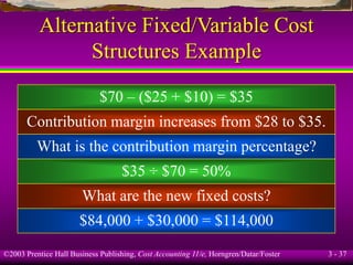©2003 Prentice Hall Business Publishing, Cost Accounting 11/e, Horngren/Datar/Foster 3 - 37
Alternative Fixed/Variable Cost
Structures Example
$70 – ($25 + $10) = $35
Contribution margin increases from $28 to $35.
What is the contribution margin percentage?
$35 ÷ $70 = 50%
What are the new fixed costs?
$84,000 + $30,000 = $114,000
 