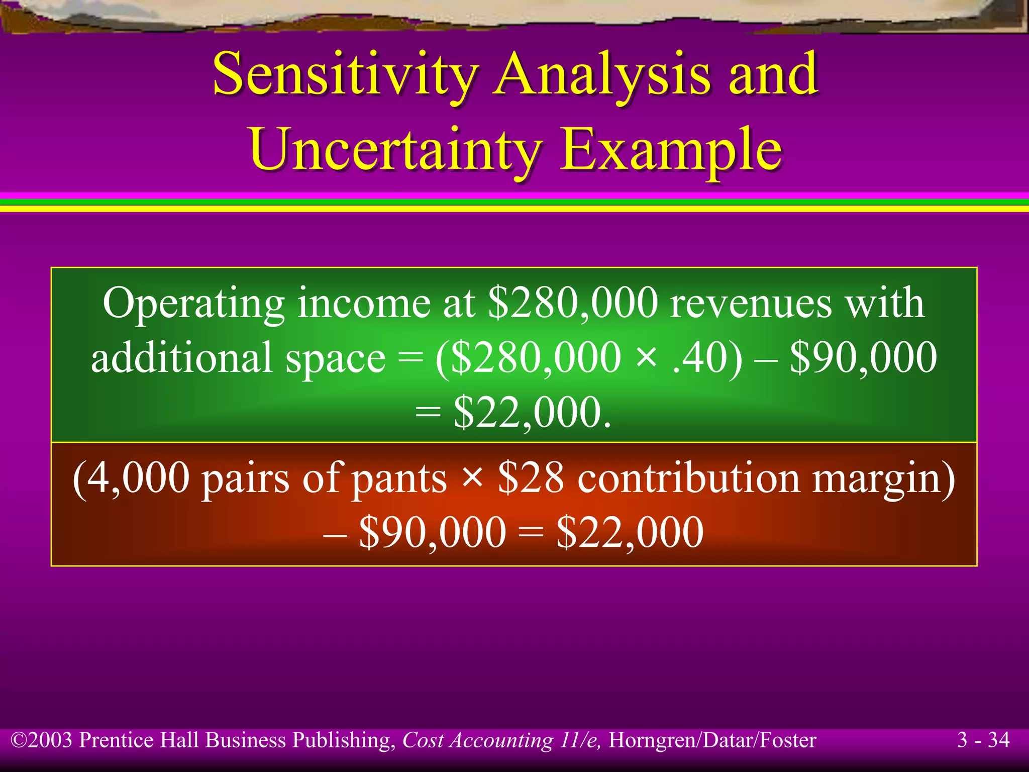 ©2003 Prentice Hall Business Publishing, Cost Accounting 11/e, Horngren/Datar/Foster 3 - 34
Sensitivity Analysis and
Uncertainty Example
Operating income at $280,000 revenues with
additional space = ($280,000 × .40) – $90,000
= $22,000.
(4,000 pairs of pants × $28 contribution margin)
– $90,000 = $22,000
 