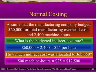 ©2003 Prentice Hall Business Publishing, Cost Accounting 11/e, Horngren/Datar/Foster 4 - 20
Normal Costing
Assume that the manufacturing company budgets
$60,000 for total manufacturing overhead costs
and 2,400 machine-hours.
What is the budgeted indirect-cost rate?
$60,000 ÷ 2,400 = $25 per hour
How much indirect cost was allocated to Job 650?
500 machine-hours × $25 = $12,500
 
