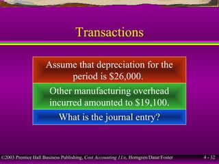 ©2003 Prentice Hall Business Publishing, Cost Accounting 11/e, Horngren/Datar/Foster 4 - 32
Transactions
Assume that depreciation for the
period is $26,000.
Other manufacturing overhead
incurred amounted to $19,100.
What is the journal entry?
 