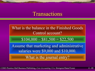 ©2003 Prentice Hall Business Publishing, Cost Accounting 11/e, Horngren/Datar/Foster 4 - 40
Transactions
What is the balance in the Finished Goods
Control account?
$104,000 – $81,500 = $22,500
Assume that marketing and administrative
salaries were $9,000 and $10,000.
What is the journal entry?
 