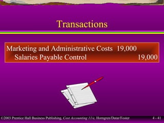 ©2003 Prentice Hall Business Publishing, Cost Accounting 11/e, Horngren/Datar/Foster 4 - 41
Transactions
Marketing and Administrative Costs 19,000
Salaries Payable Control 19,000
 