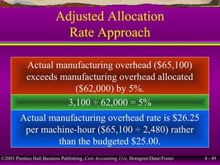 ©2003 Prentice Hall Business Publishing, Cost Accounting 11/e, Horngren/Datar/Foster 4 - 49
Adjusted Allocation
Rate Approach
Actual manufacturing overhead ($65,100)
exceeds manufacturing overhead allocated
($62,000) by 5%.
3,100 ÷ 62,000 = 5%
Actual manufacturing overhead rate is $26.25
per machine-hour ($65,100 ÷ 2,480) rather
than the budgeted $25.00.
 