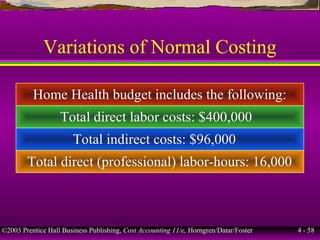 ©2003 Prentice Hall Business Publishing, Cost Accounting 11/e, Horngren/Datar/Foster 4 - 58
Variations of Normal Costing
Home Health budget includes the following:
Total direct labor costs: $400,000
Total indirect costs: $96,000
Total direct (professional) labor-hours: 16,000
 