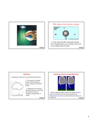 5
Why objects lose electric charge
⇒ water vapor and other molecules running
into a charged object can eventually remove all
excess charge from the object
Lightning
⇒ Charging by induction occurs during thunderstorms.
⇒ The negatively charged
bottom of clouds induce a
positive charge on the Earth’s
surface.
⇒ Lightning is the electrical
discharge between a cloud and
the ground or between
oppositely charged parts of
clouds.
Lightning (cloud to ground lightning)
⇒ Before lightning strikes, negatively charged stepped
leaders come down from the cloud and positively
charged upward streamers rush upwards from objects on
the ground.
 