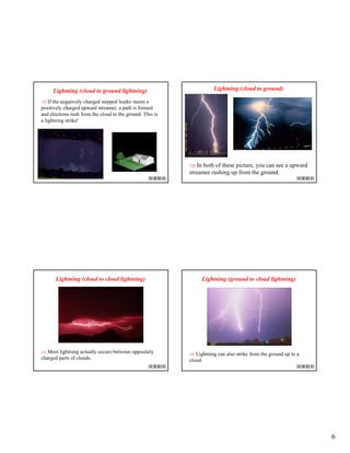 6
⇒ If the negatively charged stepped leader meets a
positively charged upward streamer, a path is formed
and electrons rush from the cloud to the ground. This is
a lightning strike!
Lightning (cloud to ground lightning) Lightning (cloud to ground)
⇒ In both of these picture, you can see a upward
streamer rushing up from the ground.
Lightning (cloud to cloud lightning)
⇒ Most lightning actually occurs between oppositely
charged parts of clouds.
Lightning (ground to cloud lightning)
⇒ Lightning can also strike from the ground up to a
cloud.
 