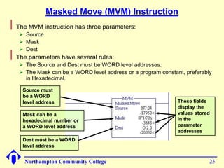 Masked Move (MVM) Instruction 
Northampton Community College 25 
 
The MVM instruction has three parameters: 
 Source 
 Mask 
 Dest 
 
The parameters have several rules: 
 The Source and Dest must be WORD level addresses. 
 The Mask can be a WORD level address or a program constant, preferably 
in Hexadecimal. 
Source must 
be a WORD 
level address 
Mask can be a 
hexadecimal number or 
a WORD level address 
Dest must be a WORD 
level address 
These fields 
display the 
values stored 
in the 
parameter 
addresses 
 