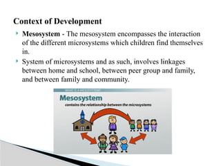  Mesosystem - The mesosystem encompasses the interaction
of the different microsystems which children find themselves
in.
 System of microsystems and as such, involves linkages
between home and school, between peer group and family,
and between family and community.
Context of Development
 