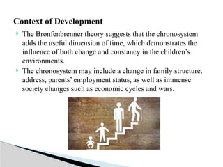  The Bronfenbrenner theory suggests that the chronosystem
adds the useful dimension of time, which demonstrates the
influence of both change and constancy in the children’s
environments.
 The chronosystem may include a change in family structure,
address, parents’ employment status, as well as immense
society changes such as economic cycles and wars.
Context of Development
 