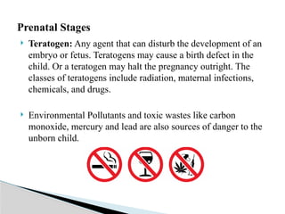  Teratogen: Any agent that can disturb the development of an
embryo or fetus. Teratogens may cause a birth defect in the
child. Or a teratogen may halt the pregnancy outright. The
classes of teratogens include radiation, maternal infections,
chemicals, and drugs.
 Environmental Pollutants and toxic wastes like carbon
monoxide, mercury and lead are also sources of danger to the
unborn child.
Prenatal Stages
 