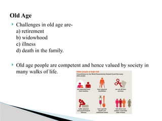  Challenges in old age are-
a) retirement
b) widowhood
c) illness
d) death in the family.
 Old age people are competent and hence valued by society in
many walks of life.
Old Age
 