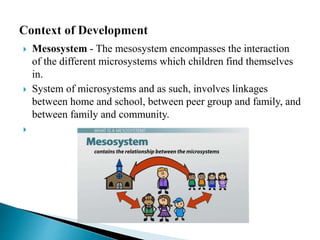  Mesosystem - The mesosystem encompasses the interaction
of the different microsystems which children find themselves
in.
 System of microsystems and as such, involves linkages
between home and school, between peer group and family, and
between family and community.

 
