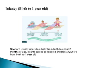 Newborn usually refers to a baby from birth to about 2
months of age. Infants can be considered children anywhere
from birth to 1 year old
 
