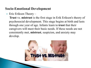  Eric Erikson Theory –
Trust vs. mistrust is the first stage in Erik Erikson's theory of
psychosocial development. This stage begins at birth and lasts
through one year of age. Infants learn to trust that their
caregivers will meet their basic needs. If these needs are not
consistently met, mistrust, suspicion, and anxiety may
develop.
 