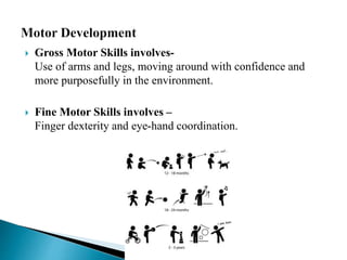  Gross Motor Skills involves-
Use of arms and legs, moving around with confidence and
more purposefully in the environment.
 Fine Motor Skills involves –
Finger dexterity and eye-hand coordination.
 