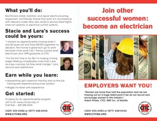What you’ll do:                                                        Join other
                                                                   successful women:
Electricians install, maintain, and repair electrical wiring,
equipment, and fixtures. Ensure that work is in accordance
with relevant codes. May also install or service street lights,
intercom systems, or electrical control systems.
                                                                  become an electrician
Stacie and Lara’s success
could be yours:
“I started my apprenticeship training when I
was 40 years old and have NEVER regretted my
decision. The money is great but I go to work
because I love what I do.” Stacie, journey level
electrician and 1999 graduate of CITC

“For the first time in my life I’m making a living
wage! Making considerably more than I was
as a key carrying, full-time retail manger.” Lara,
second year apprentice


Earn while you learn:
•	Apprentices get classroom training and on-the-job
  training with experienced journey workers
•	Wages increase with experience                                  EMPLOYERS WANT YOU!
Get started:                                                      “Women are more than half the population and we are
                                                                  missing out on a huge talent pool if we do not recruit and
                                                                  encourage women in the industry.”
To apply for an apprenticeship program,
                                                                  Adam Pinsky, CFO, SME Inc. of Seattle
visit us at: www.citcwa.org. or
Call Nan – 425-285-2333

(425) 454-2482 or (877) 428-0442                                  (425) 454-2482 or (877) 428-0442
WWW.CITCWA.ORG                                                    WWW.CITCWA.ORG
 