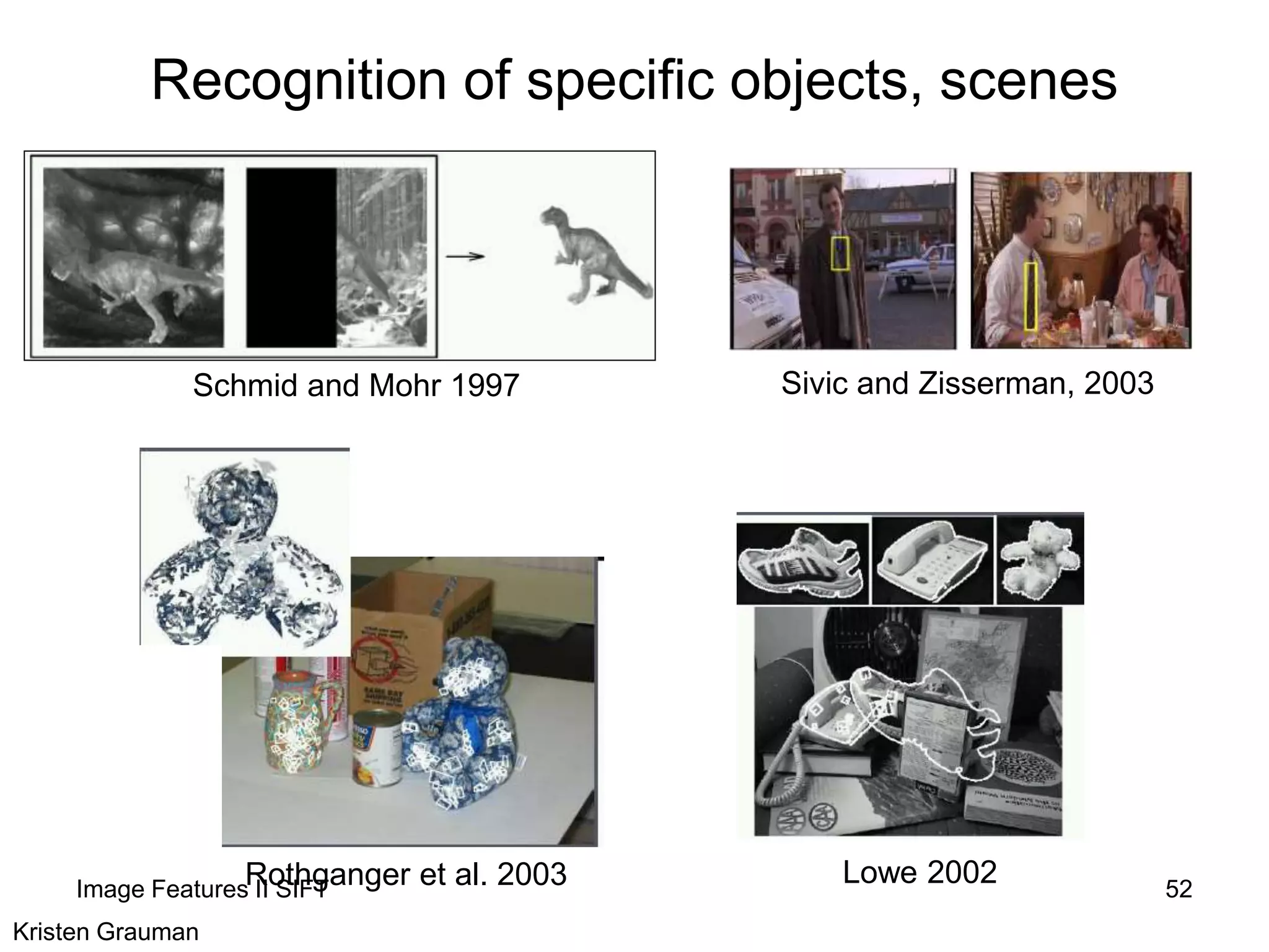 Recognition of specific objects, scenes
Rothganger et al. 2003 Lowe 2002
Schmid and Mohr 1997 Sivic and Zisserman, 2003
Kristen Grauman
52Image Features II SIFT
 