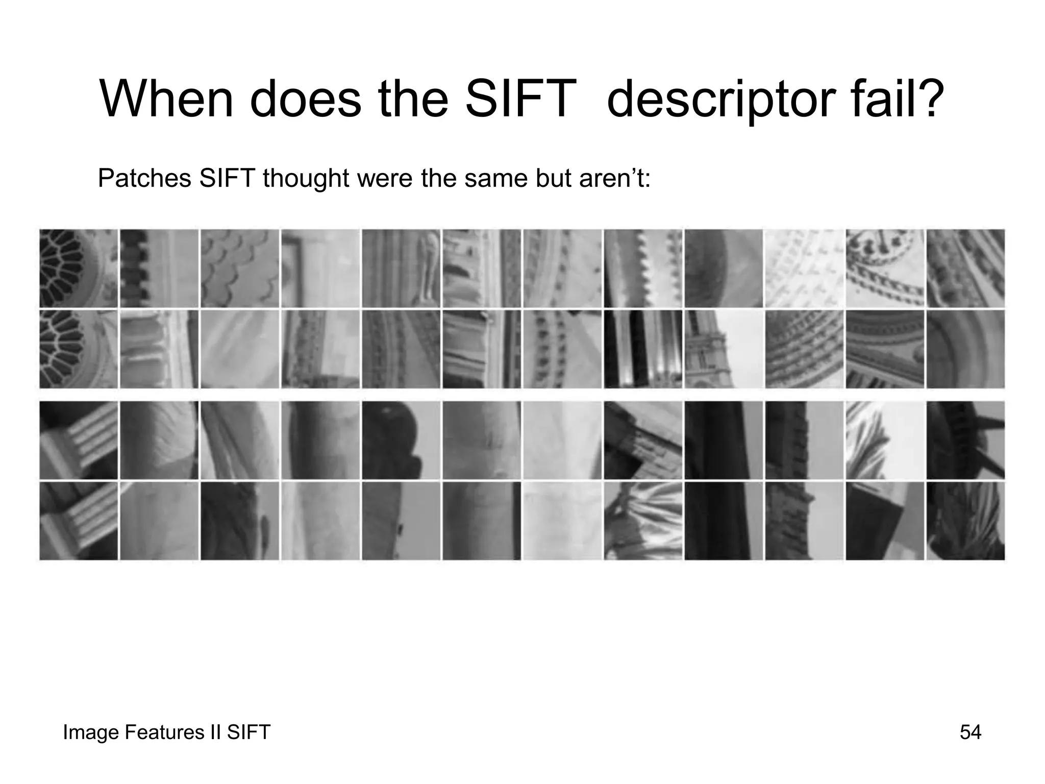 When does the SIFT descriptor fail?
Patches SIFT thought were the same but aren’t:
54Image Features II SIFT
 