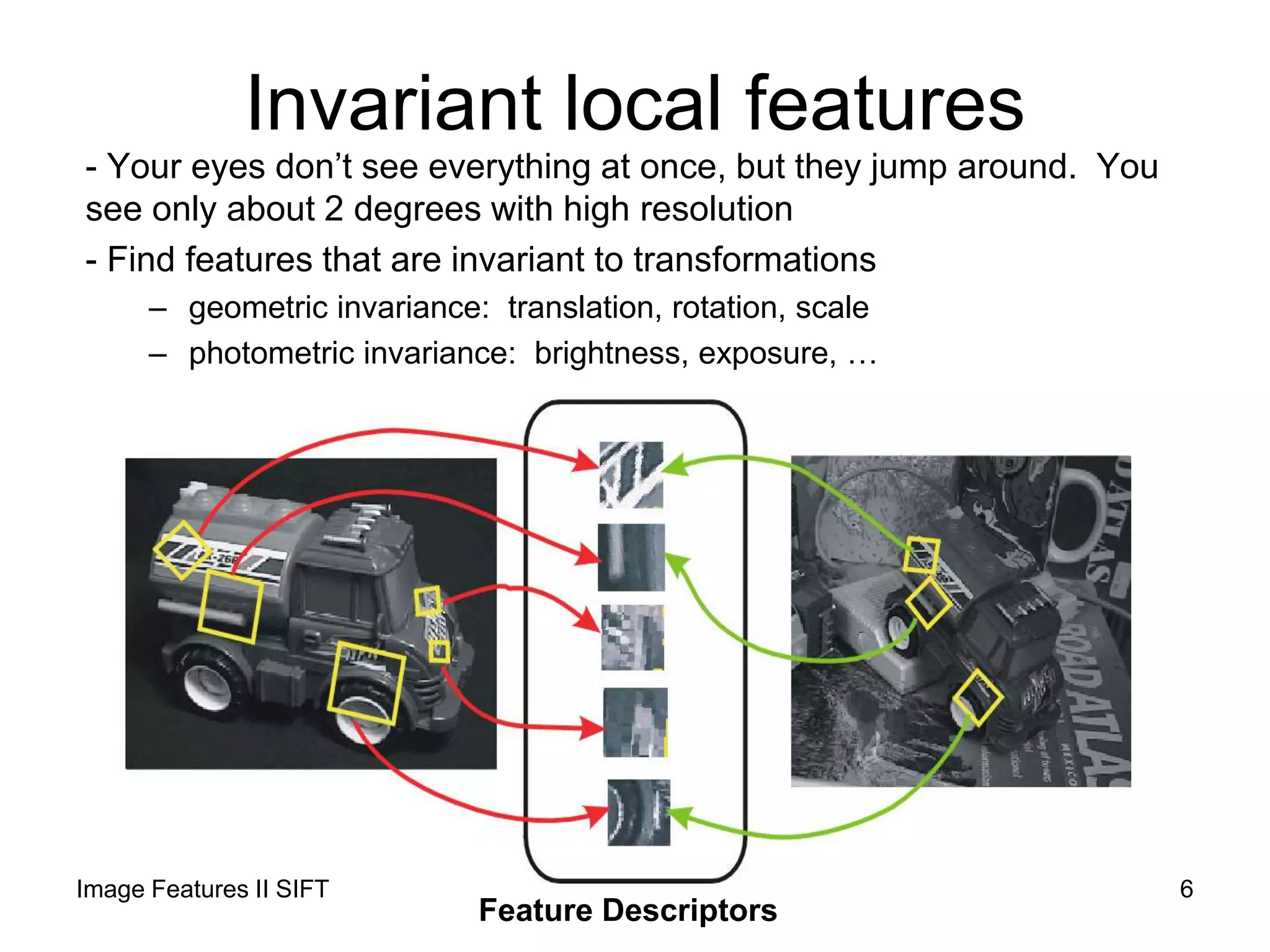 Invariant local features
- Your eyes don’t see everything at once, but they jump around. You
see only about 2 degrees with high resolution
- Find features that are invariant to transformations
– geometric invariance: translation, rotation, scale
– photometric invariance: brightness, exposure, …
Feature Descriptors
Image Features II SIFT 6
 