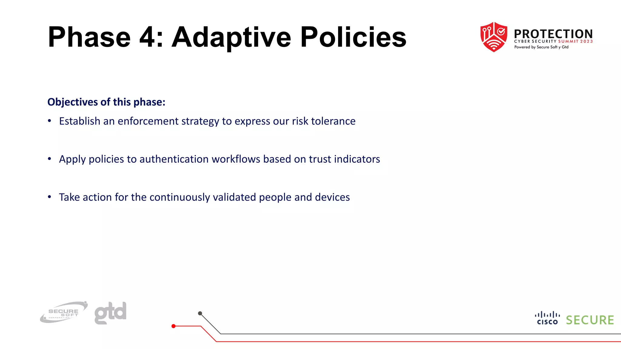 Phase 4: Adaptive Policies
Objectives of this phase:
• Establish an enforcement strategy to express our risk tolerance
• Apply policies to authentication workflows based on trust indicators
• Take action for the continuously validated people and devices
 