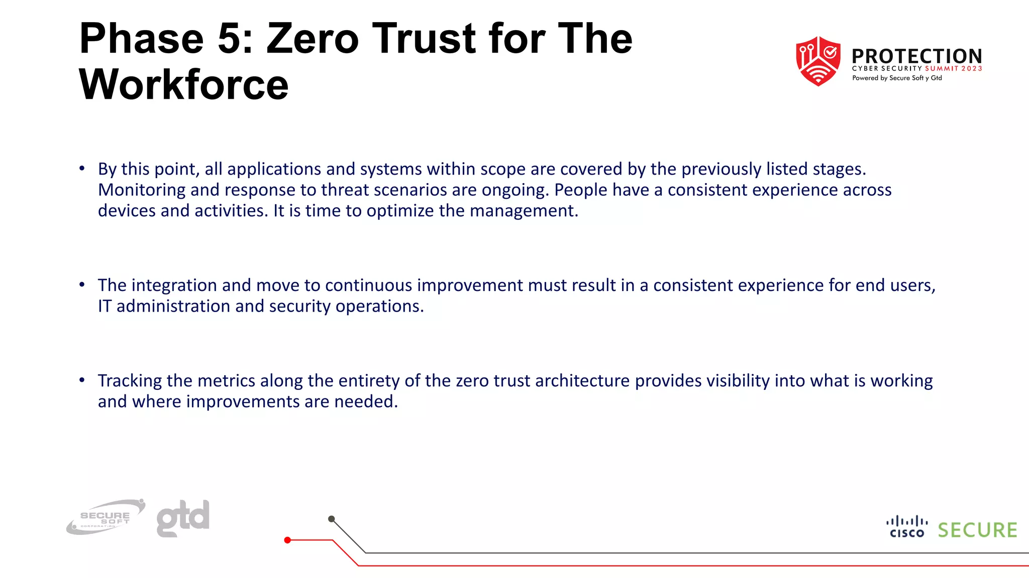 Phase 5: Zero Trust for The
Workforce
• By this point, all applications and systems within scope are covered by the previously listed stages.
Monitoring and response to threat scenarios are ongoing. People have a consistent experience across
devices and activities. It is time to optimize the management.
• The integration and move to continuous improvement must result in a consistent experience for end users,
IT administration and security operations.
• Tracking the metrics along the entirety of the zero trust architecture provides visibility into what is working
and where improvements are needed.
 