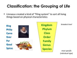 Classification: the Grouping of Life
Kingdom
Phylum
Class
Order
Family
Genus
Species
• Linnaeus created a kind of "filing system" to sort all living
things based on physical characteristics
KKinging
PPhiliphilip
CCameame
OOverver
FForor
GGoodood
SSpicespices
broadest level
most specific
(individual type)
 