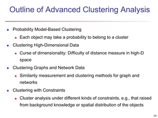 14 
Outline of Advanced Clustering Analysis 
 Probability Model-Based Clustering 
 Each object may take a probability to belong to a cluster 
 Clustering High-Dimensional Data 
 Curse of dimensionality: Difficulty of distance measure in high-D 
space 
 Clustering Graphs and Network Data 
 Similarity measurement and clustering methods for graph and 
networks 
 Clustering with Constraints 
 Cluster analysis under different kinds of constraints, e.g., that raised 
from background knowledge or spatial distribution of the objects 
 