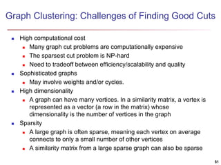 Graph Clustering: Challenges of Finding Good Cuts 
 High computational cost 
 Many graph cut problems are computationally expensive 
 The sparsest cut problem is NP-hard 
 Need to tradeoff between efficiency/scalability and quality 
 Sophisticated graphs 
 May involve weights and/or cycles. 
 High dimensionality 
 A graph can have many vertices. In a similarity matrix, a vertex is 
represented as a vector (a row in the matrix) whose 
dimensionality is the number of vertices in the graph 
 Sparsity 
 A large graph is often sparse, meaning each vertex on average 
connects to only a small number of other vertices 
 A similarity matrix from a large sparse graph can also be sparse 
51 
 