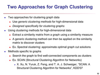 Two Approaches for Graph Clustering 
 Two approaches for clustering graph data 
 Use generic clustering methods for high-dimensional data 
 Designed specifically for clustering graphs 
 Using clustering methods for high-dimensional data 
 Extract a similarity matrix from a graph using a similarity measure 
 A generic clustering method can then be applied on the similarity 
matrix to discover clusters 
 Ex. Spectral clustering: approximate optimal graph cut solutions 
 Methods specific to graphs 
 Search the graph to find well-connected components as clusters 
 Ex. SCAN (Structural Clustering Algorithm for Networks) 
 X. Xu, N. Yuruk, Z. Feng, and T. A. J. Schweiger, “SCAN: A 
Structural Clustering Algorithm for Networks”, KDD'07 
52 
 