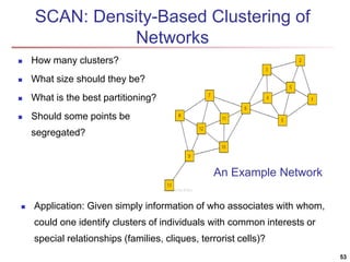 SCAN: Density-Based Clustering of 
Networks 
 How many clusters? 
 What size should they be? 
 What is the best partitioning? 
 Should some points be 
segregated? 
53 
An Example Network 
 Application: Given simply information of who associates with whom, 
could one identify clusters of individuals with common interests or 
special relationships (families, cliques, terrorist cells)? 
 